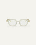 Face shot of Bonnie Clyde Gustave optical frames in transparent yellow with clear lenses.