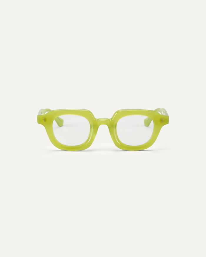 Face shot of Bonnie Clyde Gustave optical frames in green with clear lenses.