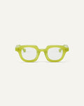 Face shot of Bonnie Clyde Gustave optical frames in green with clear lenses.