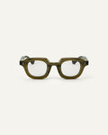 Face shot of Bonnie Clyde Gustave optical frames in dark green with clear lenses.
