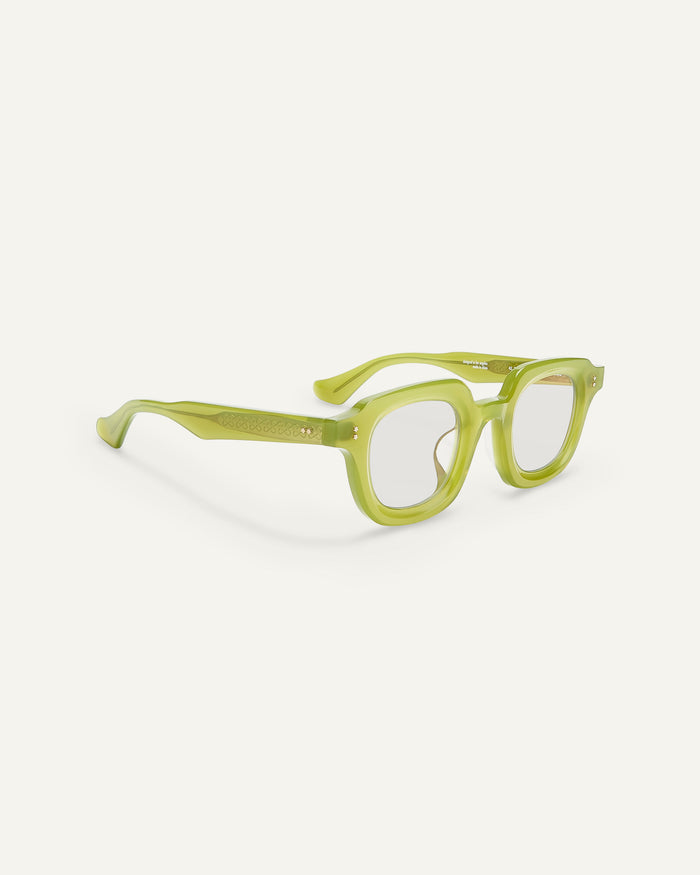 Quarter shot of Bonnie Clyde Gustave optical frames in green with clear lenses.
