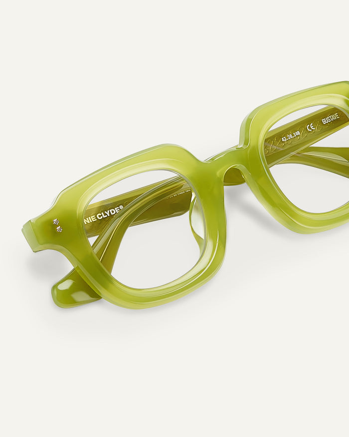 Side shot of Bonnie Clyde Gustave optical frames in green with clear lenses.