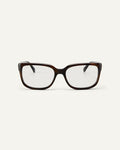 Face shot of Bonnie Clyde Guts optical frames in green tortoise with clear lenses.
