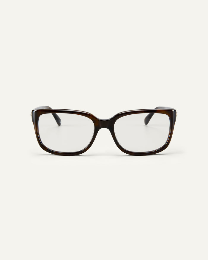 Face shot of Bonnie Clyde Guts optical frames in green tortoise with clear lenses.