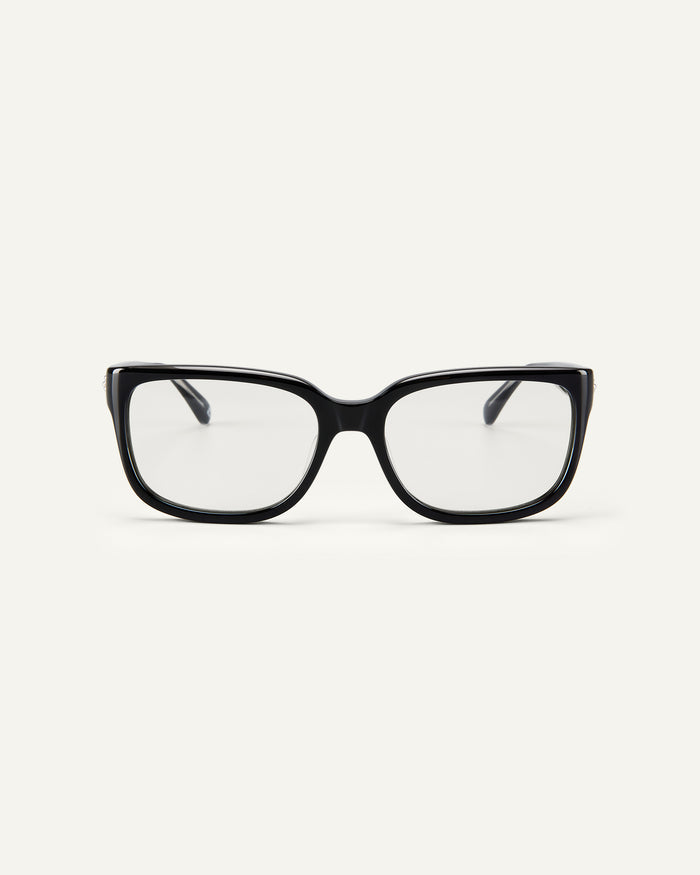 Face shot of Bonnie Clyde Guts optical frames in black with clear lenses.