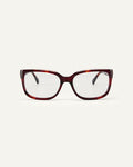 Face shot of Bonnie Clyde Guts optical frames in red tortoise with clear lenses.