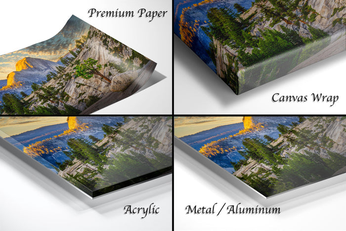 The image is a collage of four different views of a landscape, including a mountain, trees, and a sunset. The collage is labeled with the words "Premium Paper", "Canvas Wrap", "Acrylic", and "Metal/Aluminum".