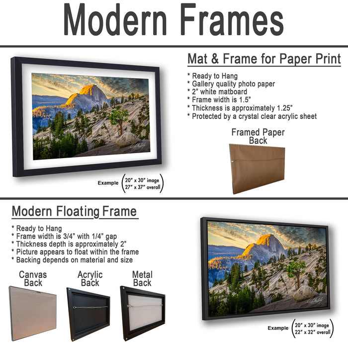 The image is a comparison of modern frames for different types of artwork, including a mat and frame for paper print, a framed paper back, and a modern floating frame.