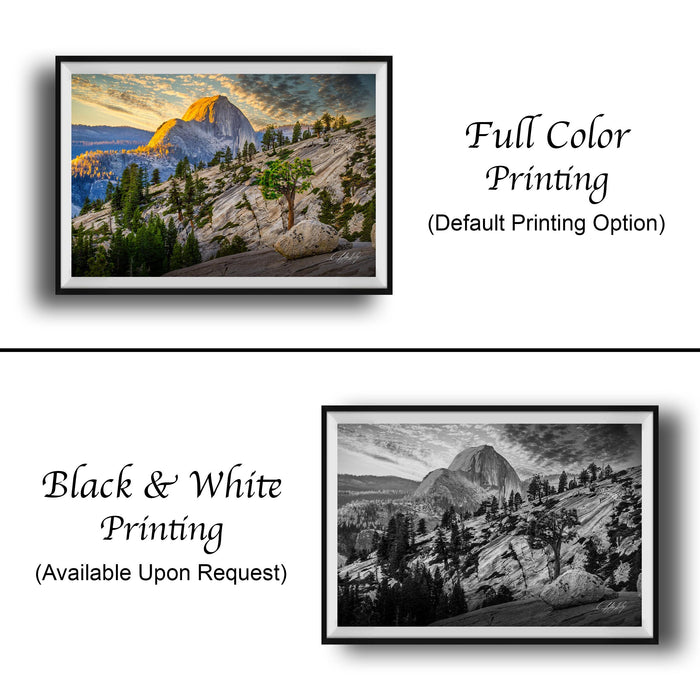 The image is a collage of two framed pictures. The top picture is a full color print of a mountainous landscape, while the bottom picture is a black and white print of the same mountainous landscape.