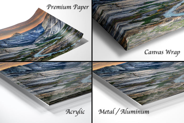 The image is a collage of four different types of printed materials, including a premium paper, a canvas wrap, an acrylic, and a metal/aluminum.