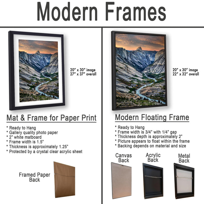 The image is a comparison of modern framed prints and modern floating frames for paper print photography. It displays two framed prints, one with a mat and frame, and the other with a modern floating frame, both featuring a mountainous landscape.