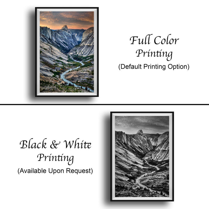 The image is a collage of two framed pictures. The top picture is a full color print of a mountainous landscape, while the bottom picture is a black and white print of the same mountainous landscape. Both pictures are framed and available upon request.