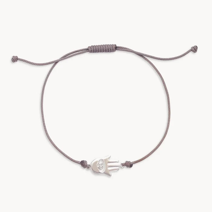 Hamsa Sterling Silver Cord Bracelet in sterling silver with grey cord and brilliant diamond