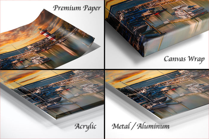 four different views of a printed artwork depicting a cityscape at sunset, with a focus on the boats in the water.