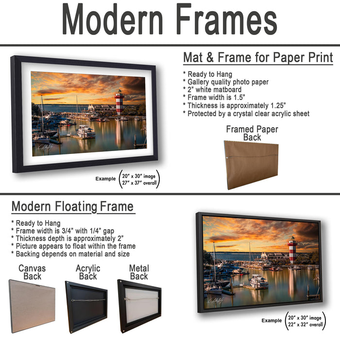 The image is a collage of two framed pictures, one of a lighthouse and the other of a harbor scene. The framed picture is a mat and frame for a paper print, while the other is a modern floating frame.