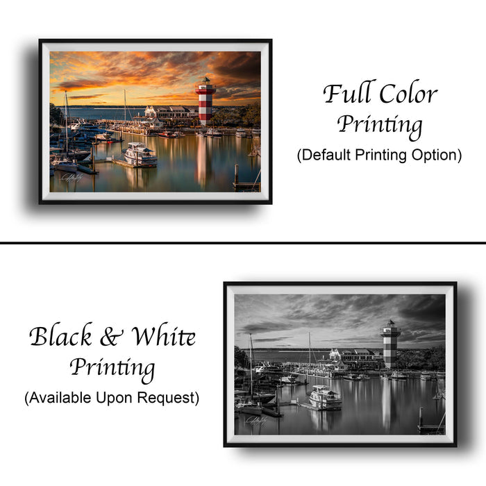The image is a collage of two framed pictures. The top picture is a full color print of a lighthouse and boats in the harbor, while the bottom picture is a black and white print of the same lighthouse and boats.