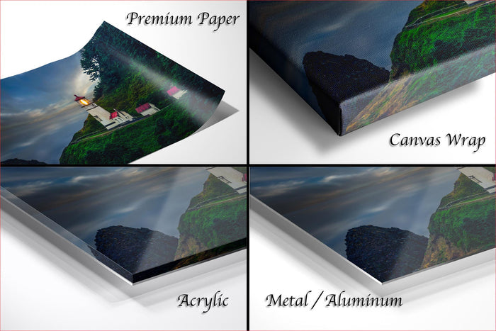 The image is a collage of four different views of a lighthouse on a cliff, each with a different material used to print the image: premium paper, canvas wrap, acrylic, and metal/aluminum.