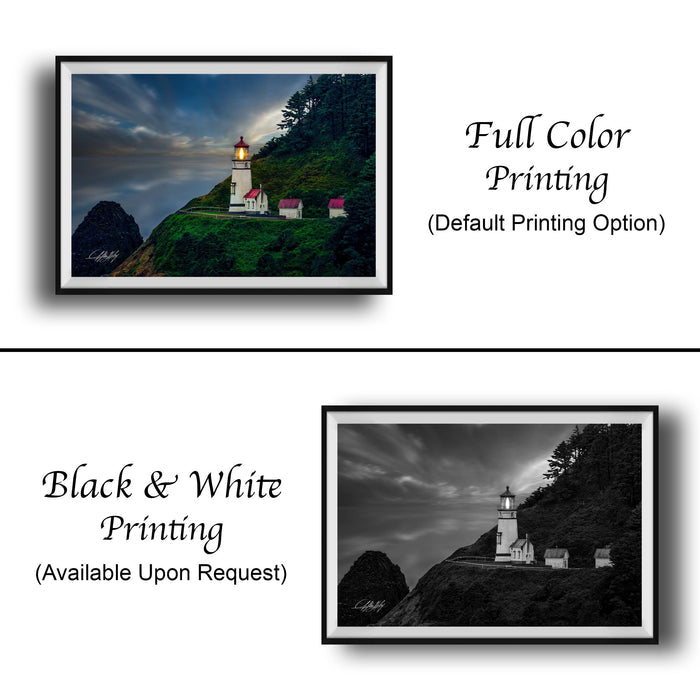 The image is a collage of two framed pictures. The top picture is a full-color print of a lighthouse on a cliff, while the bottom picture is a black and white print of the same lighthouse. Both pictures are framed and displayed side by side.