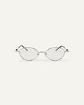 Face shot of Bonnie Clyde Heirloom optical frames in silver and black with clear lenses.