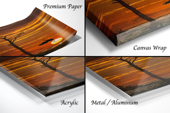 The image is a collage of four different views of a sunset landscape, each with a distinct finish: premium paper, canvas wrap, acrylic, and metal/aluminum.