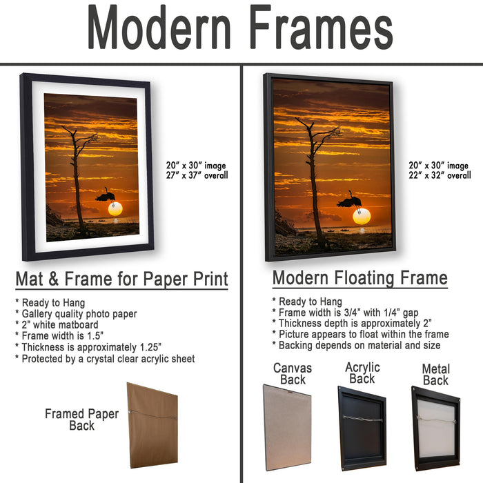 The image is a comparison of modern frames for different types of paper prints, including mat & frame and modern floating frames.