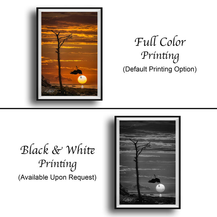 The image is a collage of two framed pictures, one in black and white and the other in full color. The black and white picture depicts a tree silhouetted against a sunset, while the full color picture shows a bird flying over the tree. Both pictures are framed and available upon request.