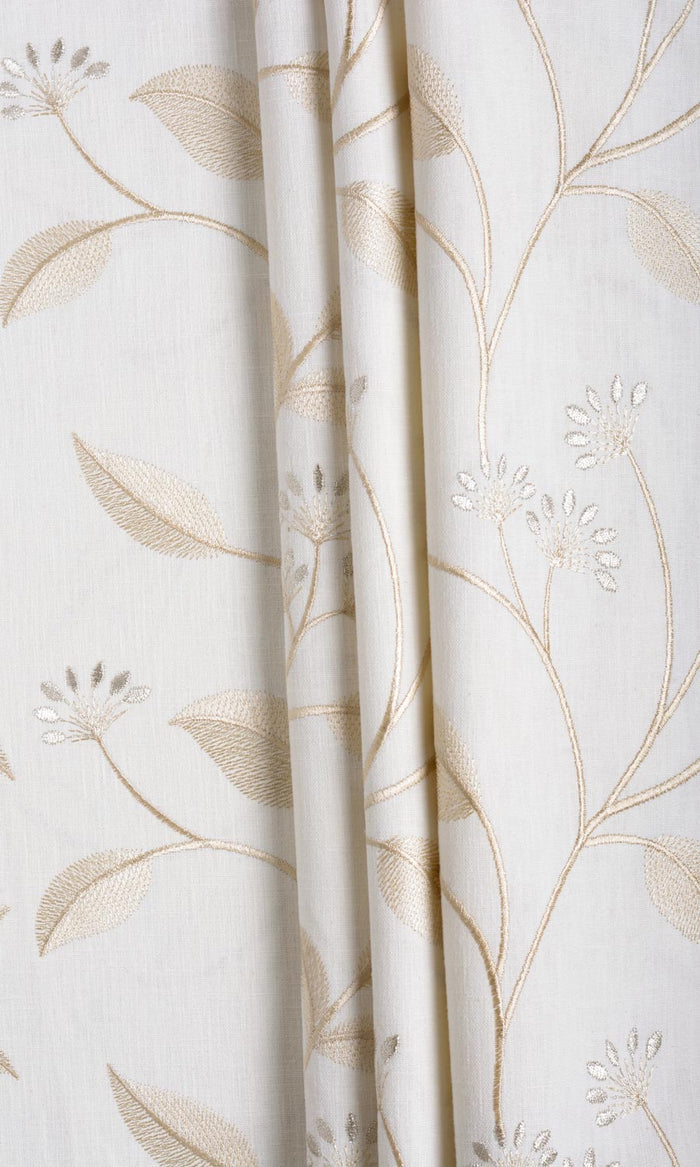 Floral Embroidery Fabric By the Metre for Curtains & Drapes (White/ Cream)