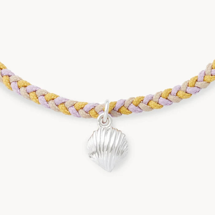 high tide cord seashell charm anklet - sterling silver, cream, yellow, lavender cord