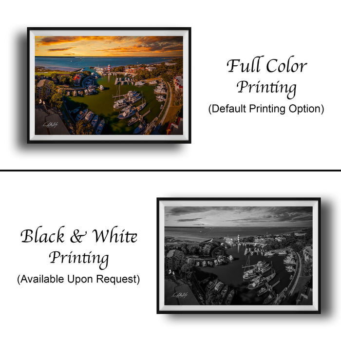 The image is a collage of two framed pictures. The top picture is a full color print of a cityscape with boats, while the bottom picture is a black and white print of the same cityscape. Both pictures are framed and available upon request.