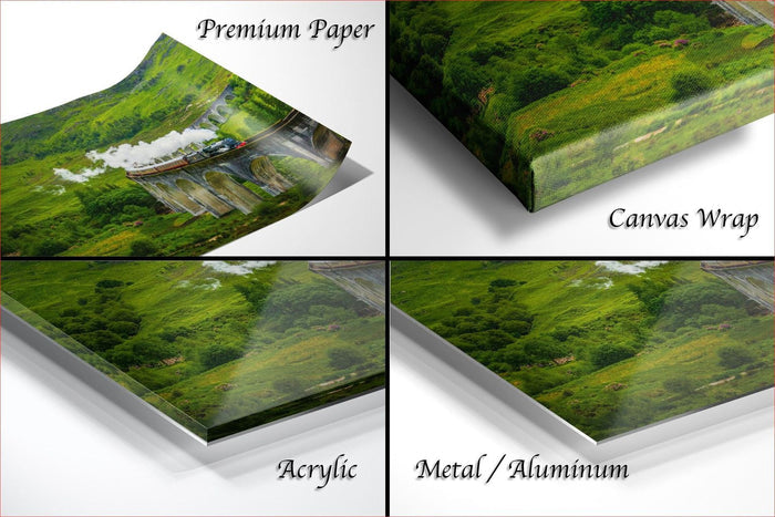 The image is a collage of four different views of a landscape, including a close-up of a train on a bridge, a close-up of a lush green field, a close-up of a train on a bridge, and a close-up of a lush green field.