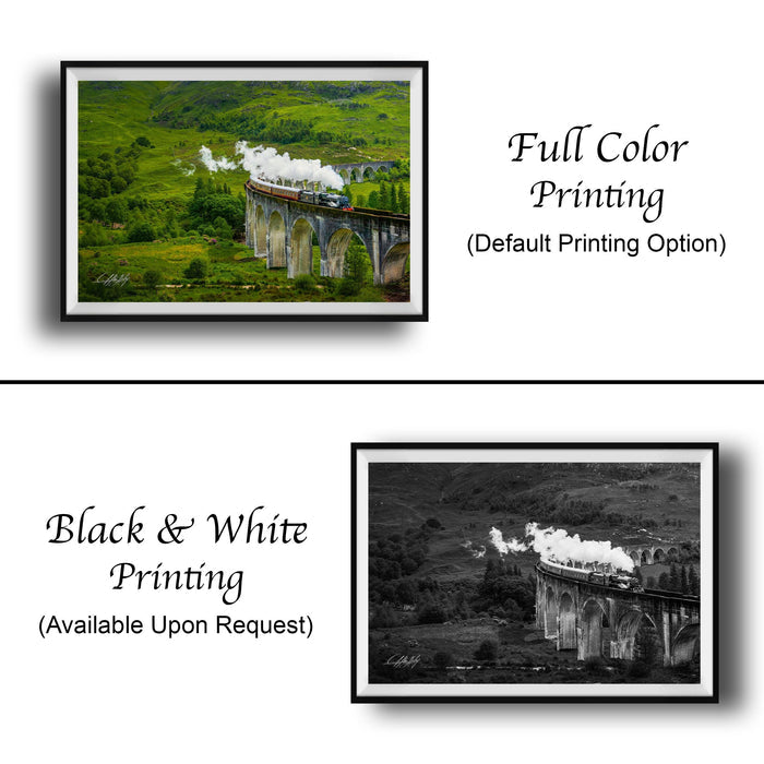The image is a collage of two framed pictures. The top picture is a full color print of a train traveling over a bridge, while the bottom picture is a black and white print of the same train. Both pictures are framed and available upon request.