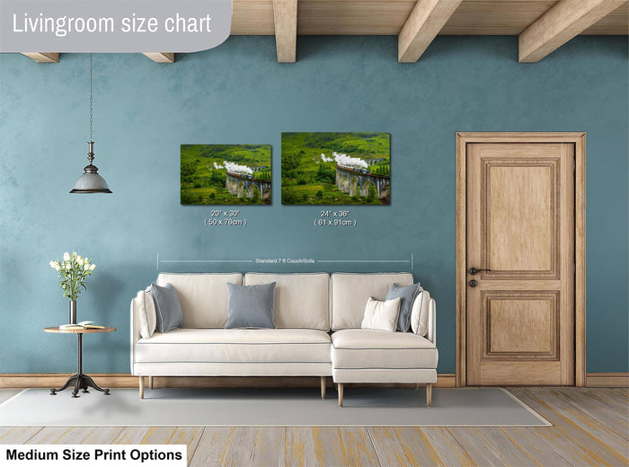 a living room with a white sofa, a wooden door, and a painting of a landscape on the wall. The living room appears to be well-decorated and spacious.