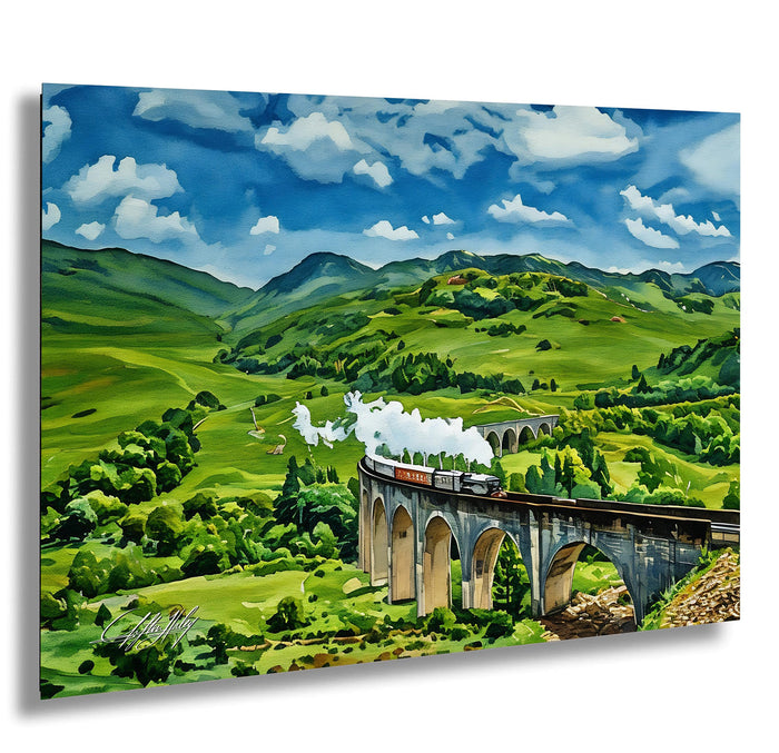 A painting depicting a train traveling on a curved stone bridge over a lush green valley, with rolling hills and a blue sky with white clouds in the background.