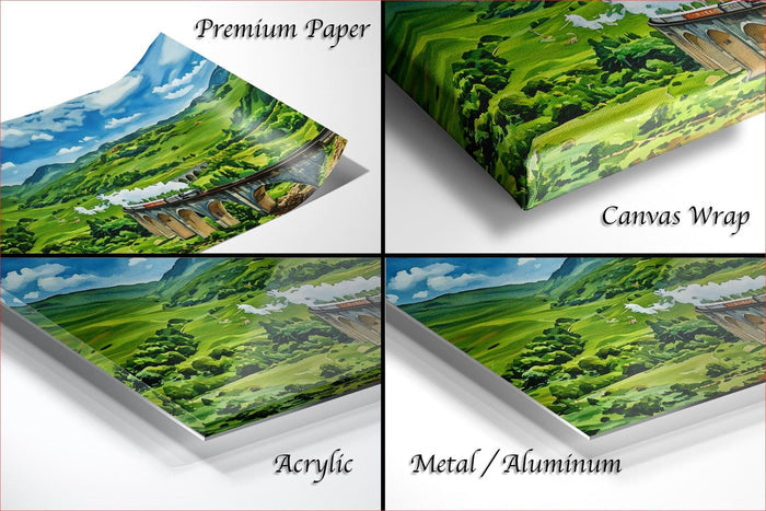 The image is a collage of four different views of a landscape, including a premium paper, a canvas wrap, an acrylic, and a metal/aluminum.