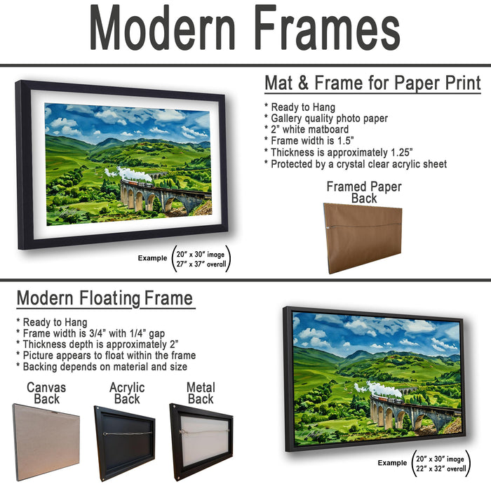 The image is a collage of two framed pictures, one of a landscape and one of a train, both featuring modern frames and a mat and frame for paper print.
