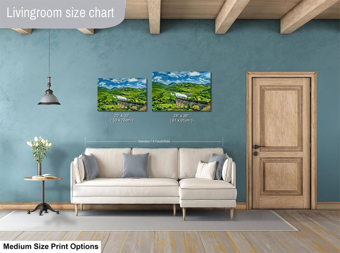 a living room with a white sofa, a wooden door, and a painting of a landscape on the wall. The painting is of a house surrounded by trees and a field. The living room appears to be well-lit and decorated with a potted plant and a vase.
