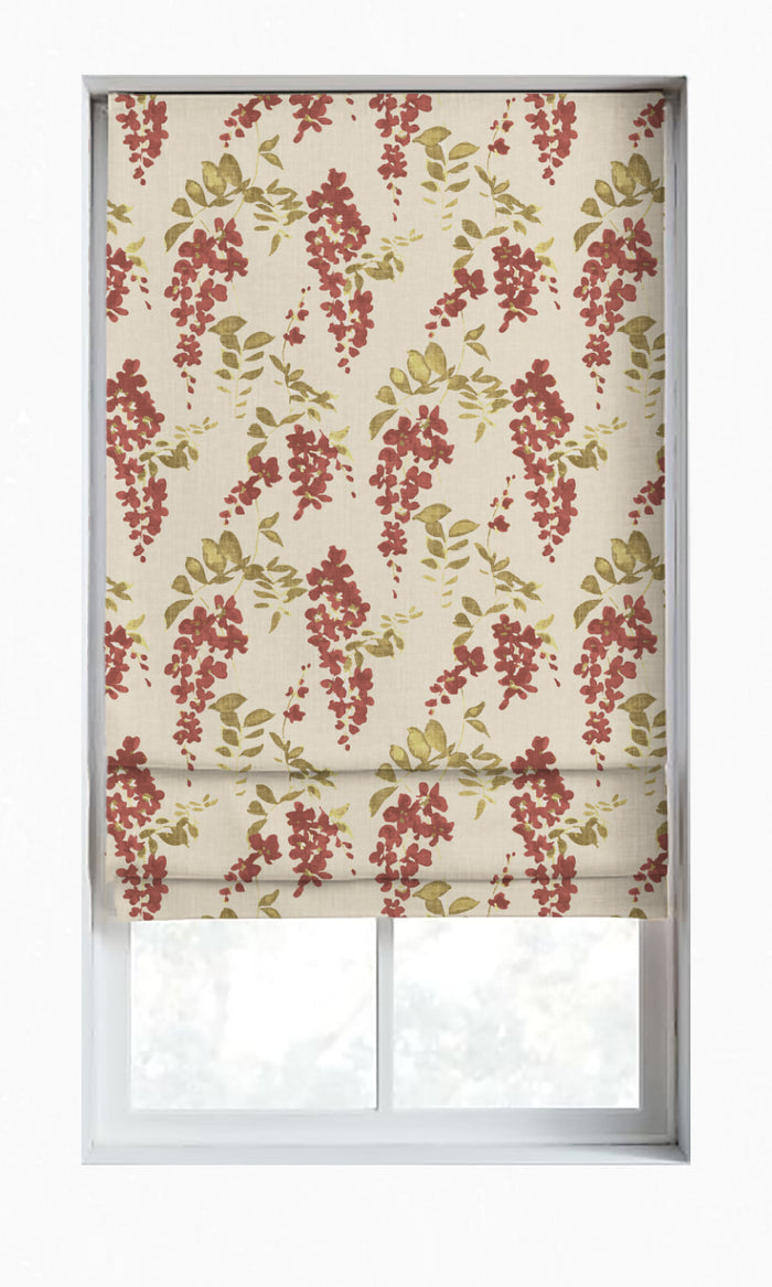 Dimout Floral Window Treatments Fabric By the Metre (Red/ Green/ Pale Grey)