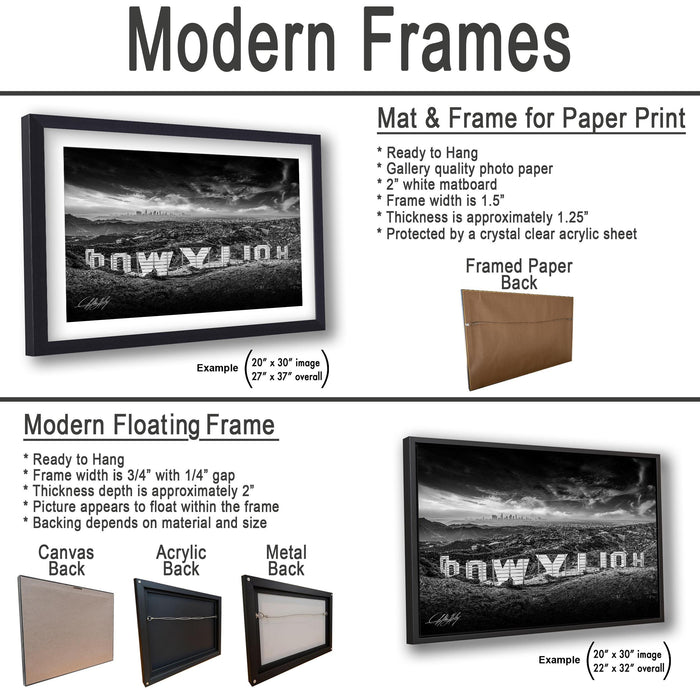The image is a collection of framed artworks, including a mat and frame for a paper print, a modern floating frame, and a framed paper back. The artworks are displayed in various sizes and frame types, showcasing the versatility of modern framing options.