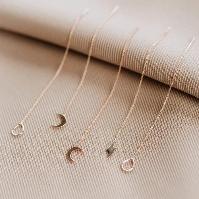 Honey Dipper Dainty Threader Earring in 14k yellow gold, alternate angle detail view