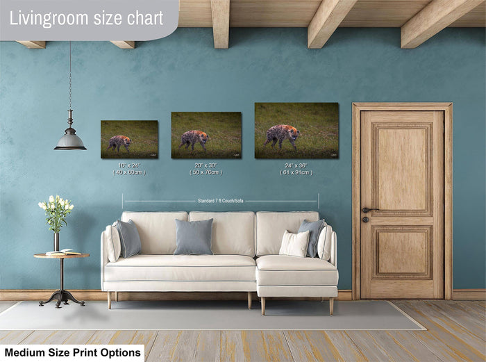 This fine art wildlife photograph captures a striking moment in the Maasai Mara, where a lone hyena pauses mid-step and meets the viewer with a powerful, unforgettable gaze. Often misunderstood, the hyena represents intelligence, resilience, and survival within the African safari ecosystem. This piece is perfect for collectors who appreciate raw, authentic wildlife moments and want to bring depth, character, and conversation into their home or office décor.