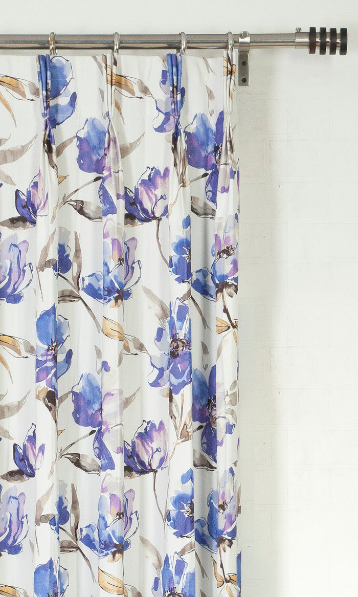 Floral Cotton Pinch Pleat, Rod Pocket, Eyelet Curtains (Purple/ Blue)