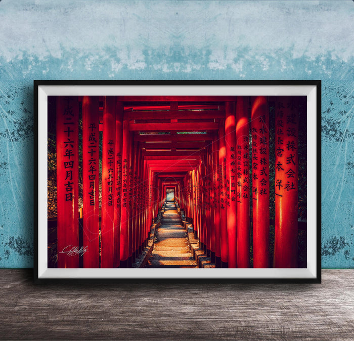 A framed photograph depicting a long, narrow red tunnel or walkway with Chinese characters on the walls, leading towards a light source at the end.