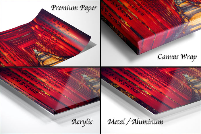 The image is a collage of four different views of a red and gold patterned surface, including a close-up of the surface, a printed page, a canvas wrap, and a reflective surface.
