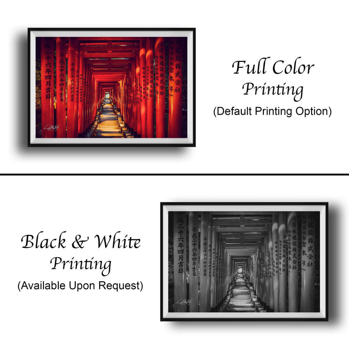The image is a collage of two framed photographs. The top photograph is a full color print of a long hallway lined with red pillars, while the bottom photograph is a black and white print of the same hallway. The text below the images indicates that the full color printing is available upon request.
