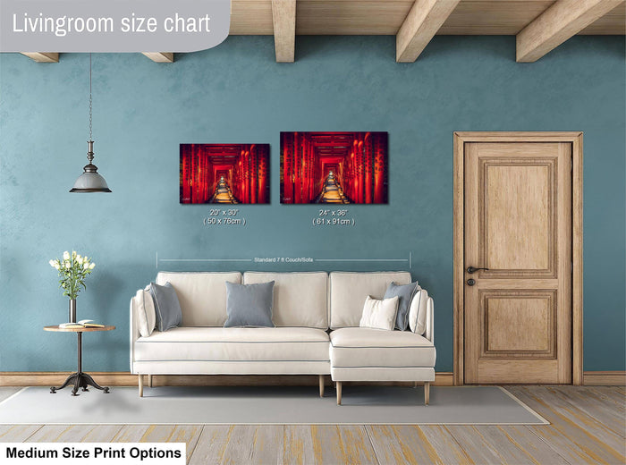 a living room with a white sofa, a wooden door, and a painting of a red hallway on the wall. The living room appears to be modern and well-decorated.