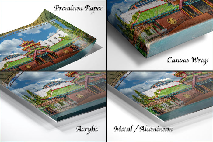 The image is a collage of four photos depicting a traditional Chinese temple, with each photo labeled with the type of material it is printed on: "Premium Paper", "Canvas Wrap", "Acrylic", and "Metal/Aluminum".