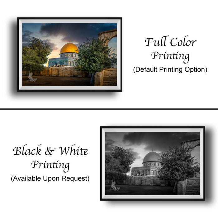 The image is a collage of two framed photographs. The top photograph is a full color print of the Dome of the Rock, a significant landmark in Jerusalem, Israel. The bottom photograph is a black and white print of the same landmark. Both photographs are framed and available upon request.
