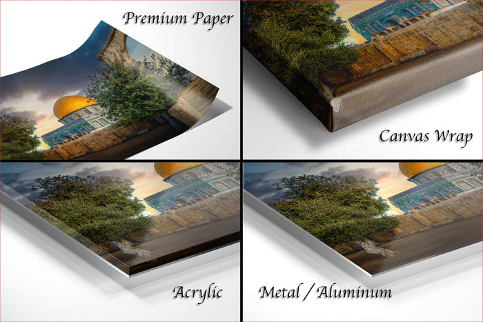 The image is a collage of four photos depicting the Dome of the Rock, a significant landmark in Jerusalem, Israel. The photos are labeled as "Premium Paper", "Canvas Wrap", "Acrylic", and "Metal/Aluminum" to indicate the different materials used for the prints.