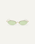 Face shot of Bonnie Clyde Jewel sunglasses in gold with green lenses.