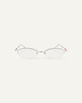 Face shot of Bonnie Clyde Jewel optical frames in silver with clear lenses.